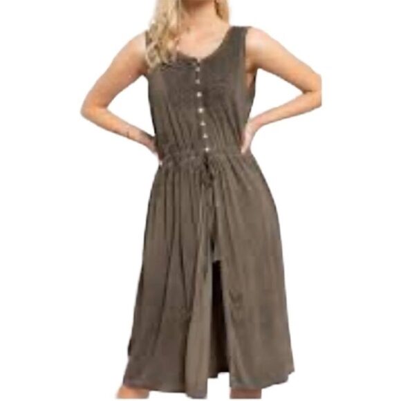 NEW Pol Boho Embroidered Mineral Wash MIDI Dress Olive Green Large - Picture 1 of 12